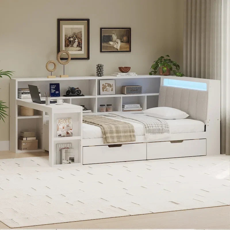 Divano Letto a "L" in Legno con Scrivania, Mobile Libreria, Letto Angolare con Cassetti Sottostanti, Testiera Imbottita con Luce Integrata