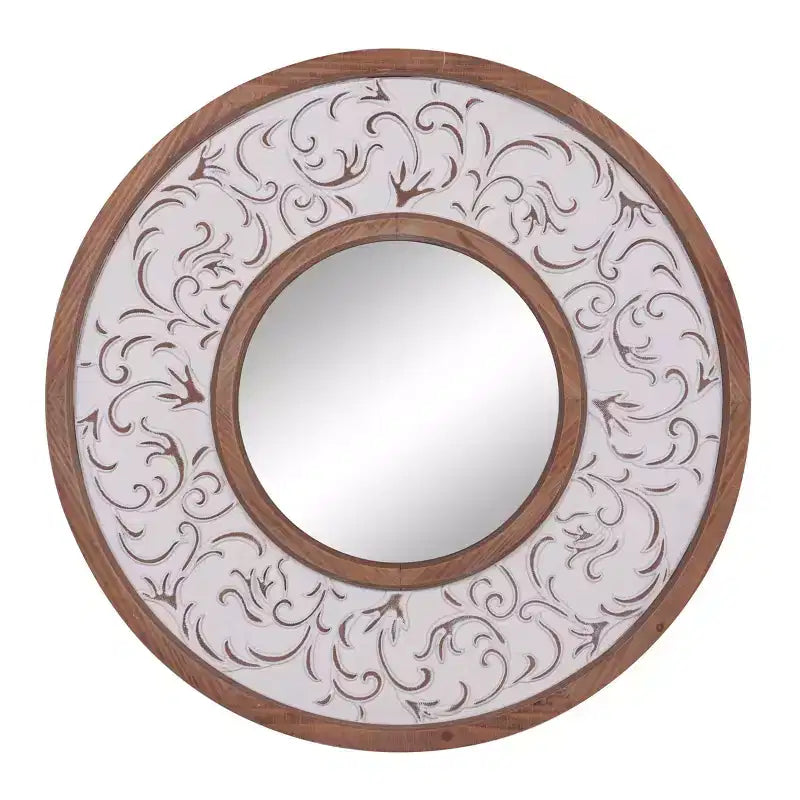 Wood Floral Wall Mirror with Embossed Metal White - Olivia & May: Farmhouse Style, No Assembly, MDF Frame, 31.5" Round