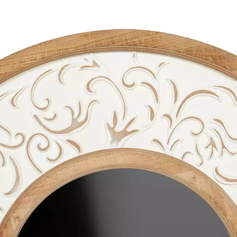 Specchio da Parete Rotondo Floreale in Legno con Metallo Goffrato Bianco - Olivia & May: Stile Rustico, Nessun Montaggio, Cornice in MDF, 80 cm di Diametro