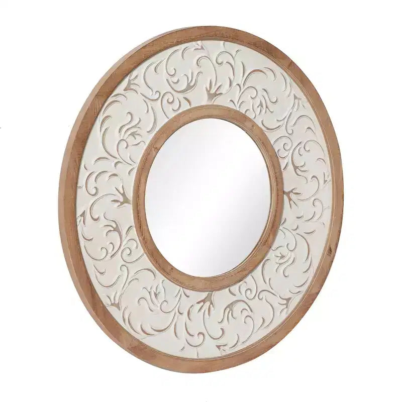 Specchio da Parete Rotondo Floreale in Legno con Metallo Goffrato Bianco - Olivia & May: Stile Rustico, Nessun Montaggio, Cornice in MDF, 80 cm di Diametro