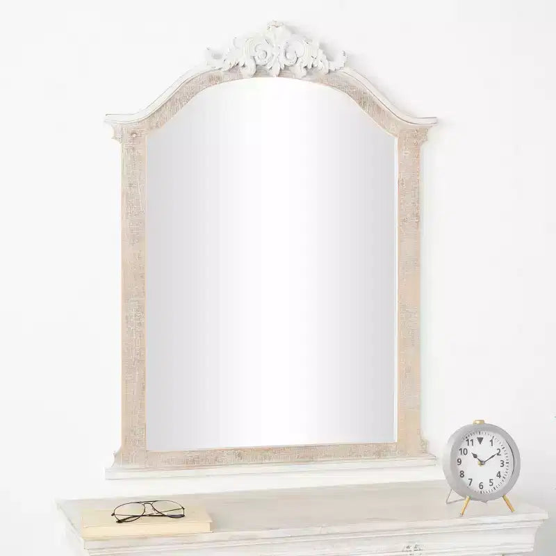 Olivia & May Specchio da parete con cornice in legno ad arco intagliato, 94x71 cm, finitura bianca anticata marrone: nessun assemblaggio richiesto, decorazione moderna