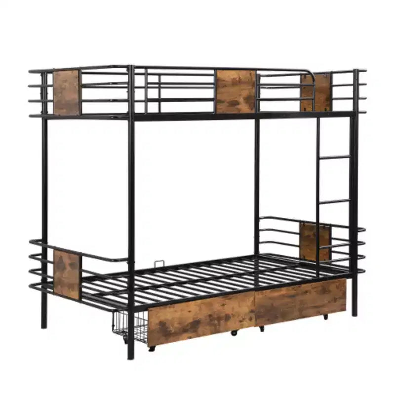 Letto a castello in metallo Twin XL su Twin XL con ringhiera in MDF e due cassetti portaoggetti, Nero