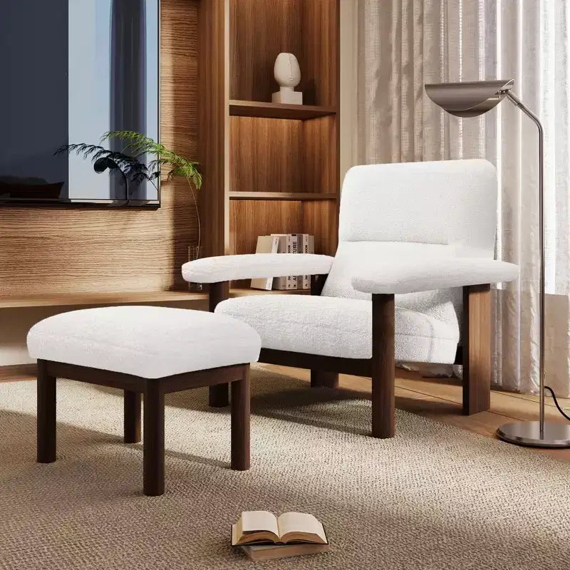 Modern Accent Chair with Ottoman, Mid Century Lounge Chair, Comfy Fabric Armchair with Solid Wood Frame for Living Room, White - ModernLuxe