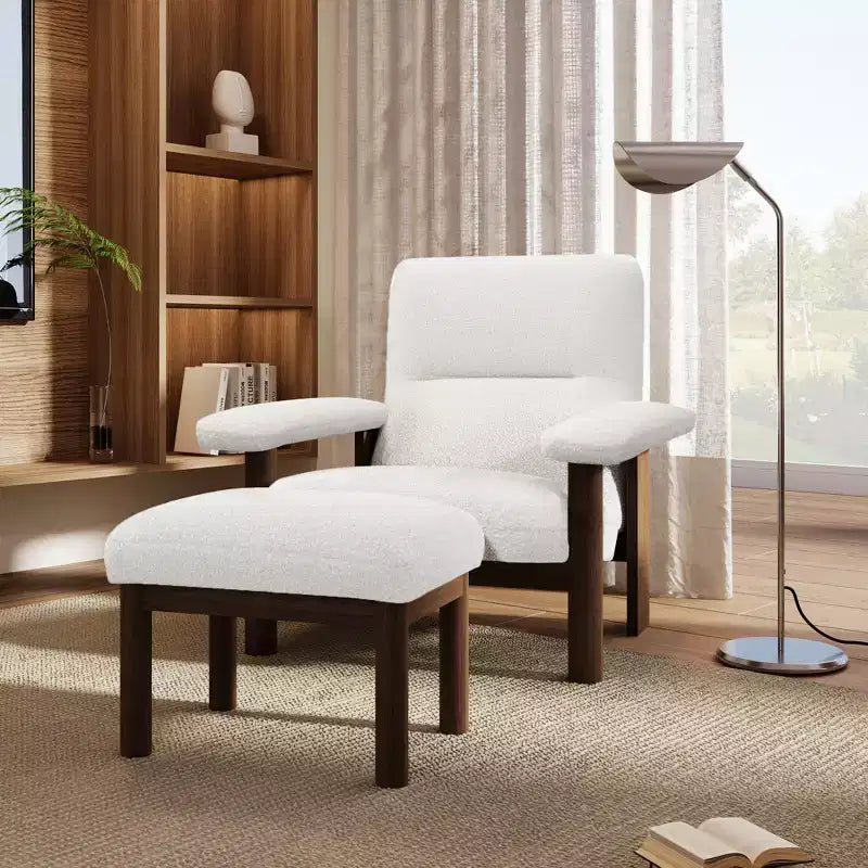Poltrona moderna con pouf, poltrona lounge di metà secolo, comoda poltrona in tessuto con struttura in legno massello per soggiorno, bianca