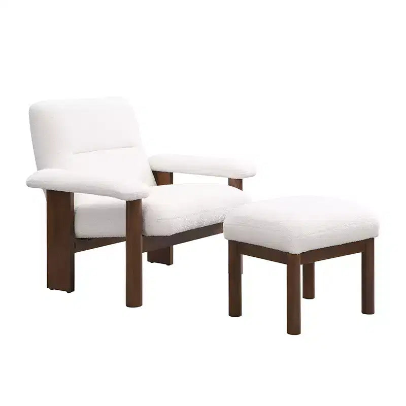 Poltrona moderna con pouf, poltrona lounge di metà secolo, comoda poltrona in tessuto con struttura in legno massello per soggiorno, bianca
