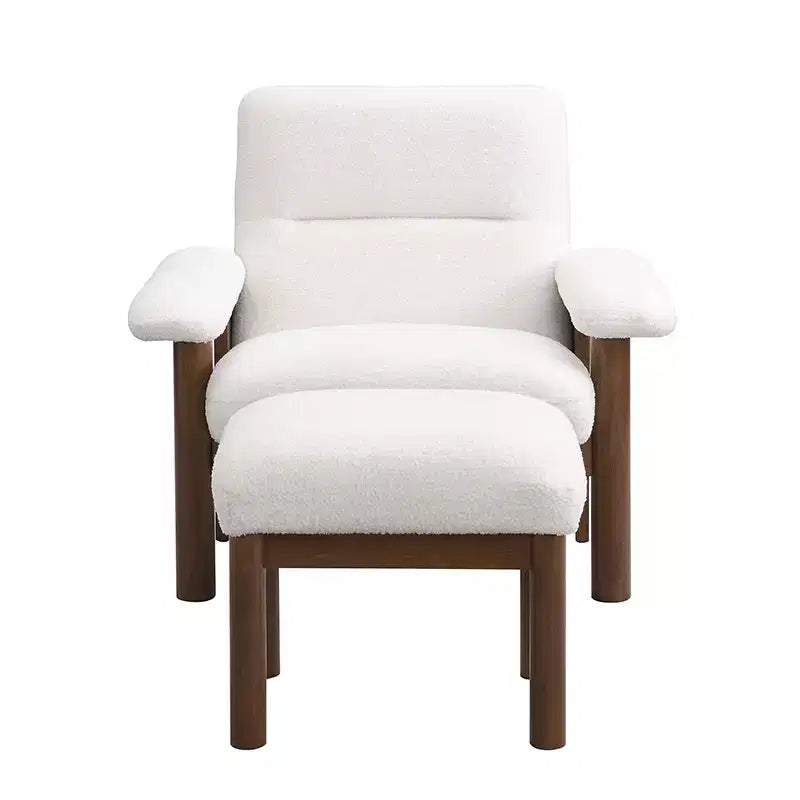 Poltrona moderna con pouf, poltrona lounge di metà secolo, comoda poltrona in tessuto con struttura in legno massello per soggiorno, bianca
