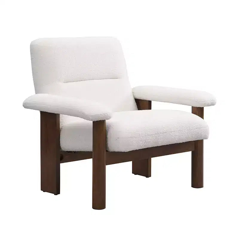 Poltrona moderna con pouf, poltrona lounge di metà secolo, comoda poltrona in tessuto con struttura in legno massello per soggiorno, bianca