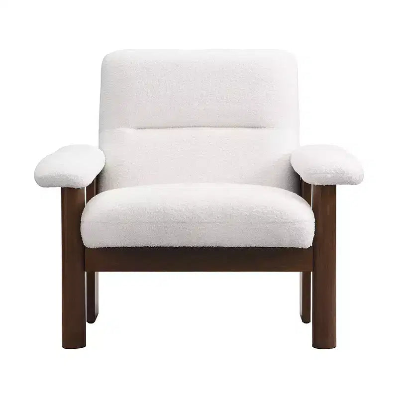 Poltrona moderna con pouf, poltrona lounge di metà secolo, comoda poltrona in tessuto con struttura in legno massello per soggiorno, bianca