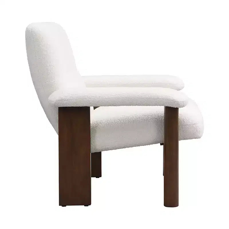 Poltrona moderna con pouf, poltrona lounge di metà secolo, comoda poltrona in tessuto con struttura in legno massello per soggiorno, bianca
