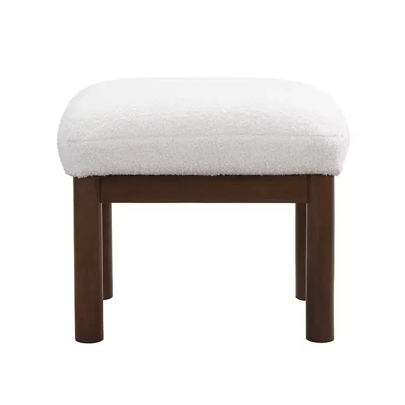 Poltrona moderna con pouf, poltrona lounge di metà secolo, comoda poltrona in tessuto con struttura in legno massello per soggiorno, bianca