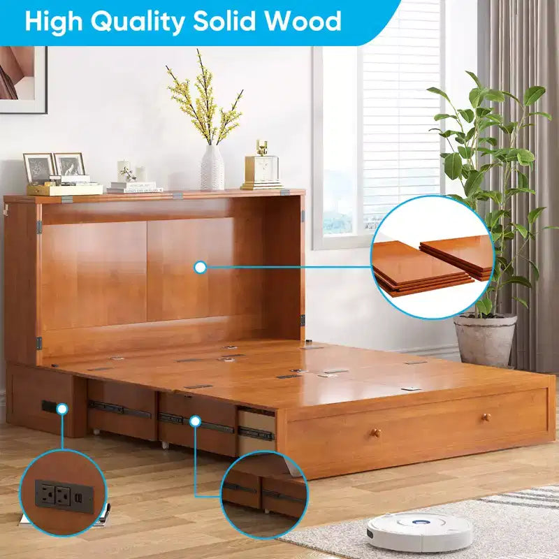 Mjkone Letto a Scomparsa a Mobile, Letto a Scomparsa Moderno Queen con Materasso, Stazione di Ricarica USB Incorporata e Cassetti