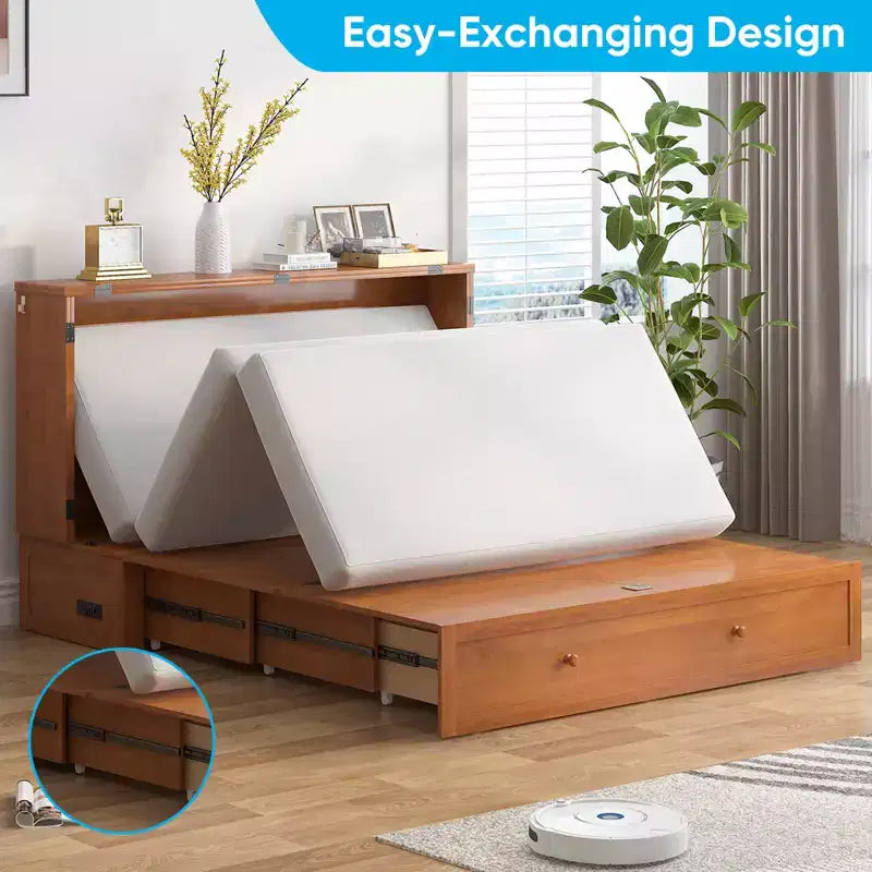 Mjkone Letto a Scomparsa a Mobile, Letto a Scomparsa Moderno Queen con Materasso, Stazione di Ricarica USB Incorporata e Cassetti