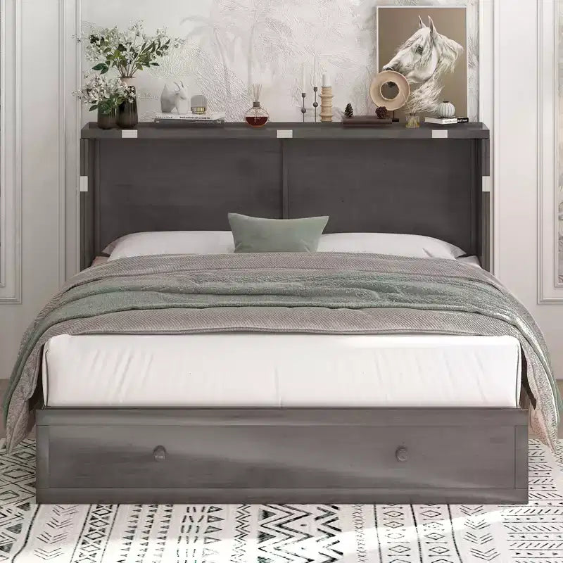 Mjkone Letto a Scomparsa a Mobile, Letto a Scomparsa Moderno Queen con Materasso, Stazione di Ricarica USB Incorporata e Cassetti