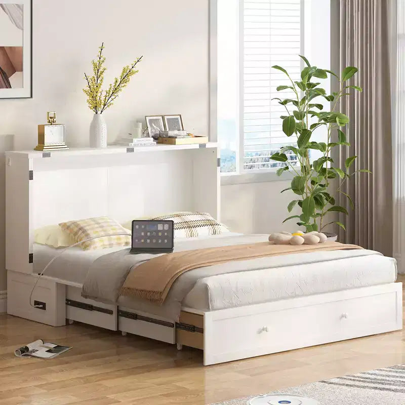 Mjkone Letto a Scomparsa a Mobile, Letto a Scomparsa Moderno Queen con Materasso, Stazione di Ricarica USB Incorporata e Cassetti