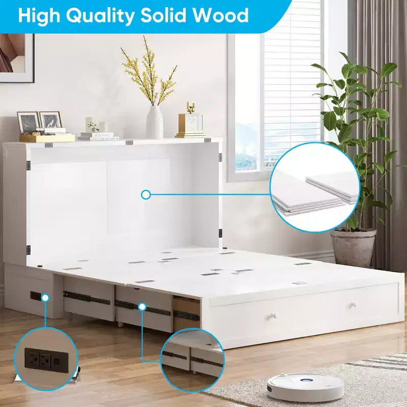 Mjkone Letto a Scomparsa a Mobile, Letto a Scomparsa Moderno Queen con Materasso, Stazione di Ricarica USB Incorporata e Cassetti