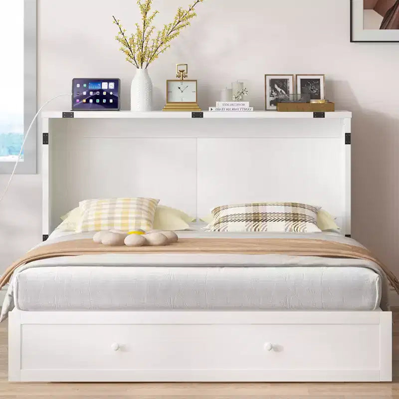 Mjkone Letto a Scomparsa a Mobile, Letto a Scomparsa Moderno Queen con Materasso, Stazione di Ricarica USB Incorporata e Cassetti