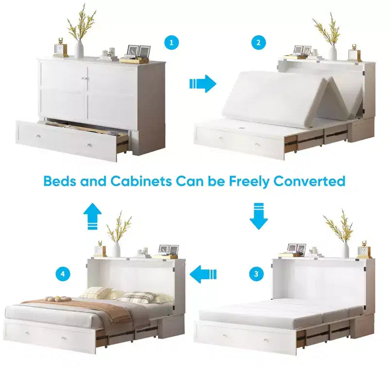 Mjkone Letto a Scomparsa a Mobile, Letto a Scomparsa Moderno Queen con Materasso, Stazione di Ricarica USB Incorporata e Cassetti