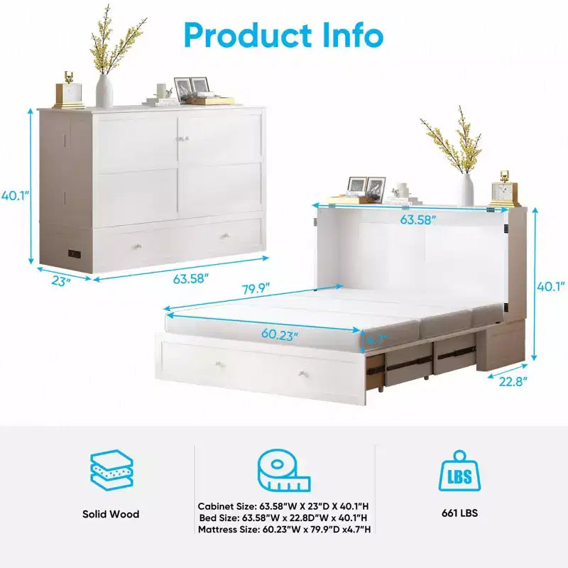 Mjkone Letto a Scomparsa a Mobile, Letto a Scomparsa Moderno Queen con Materasso, Stazione di Ricarica USB Incorporata e Cassetti
