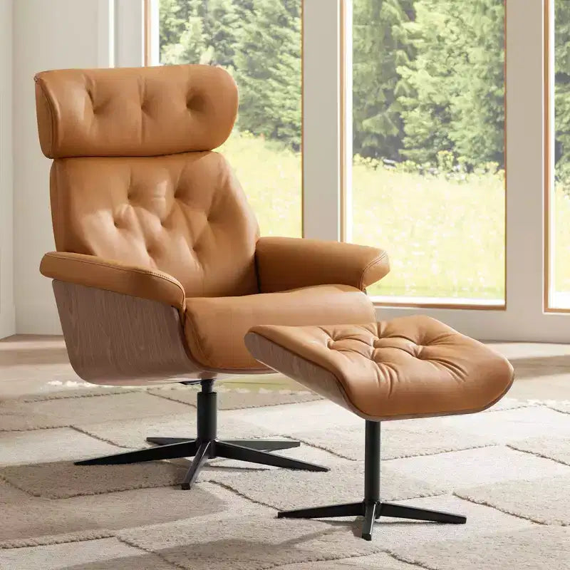 Poltrona reclinabile moderna in similpelle color cognac Malibu con pouf poggiapiedi, reclinazione manuale comoda per camera da letto