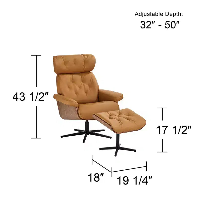 Poltrona reclinabile moderna in similpelle color cognac Malibu con pouf poggiapiedi, reclinazione manuale comoda per camera da letto