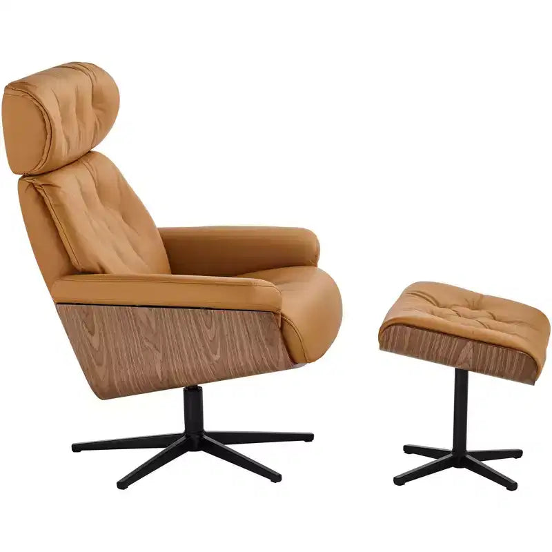 Poltrona reclinabile moderna in similpelle color cognac Malibu con pouf poggiapiedi, reclinazione manuale comoda per camera da letto