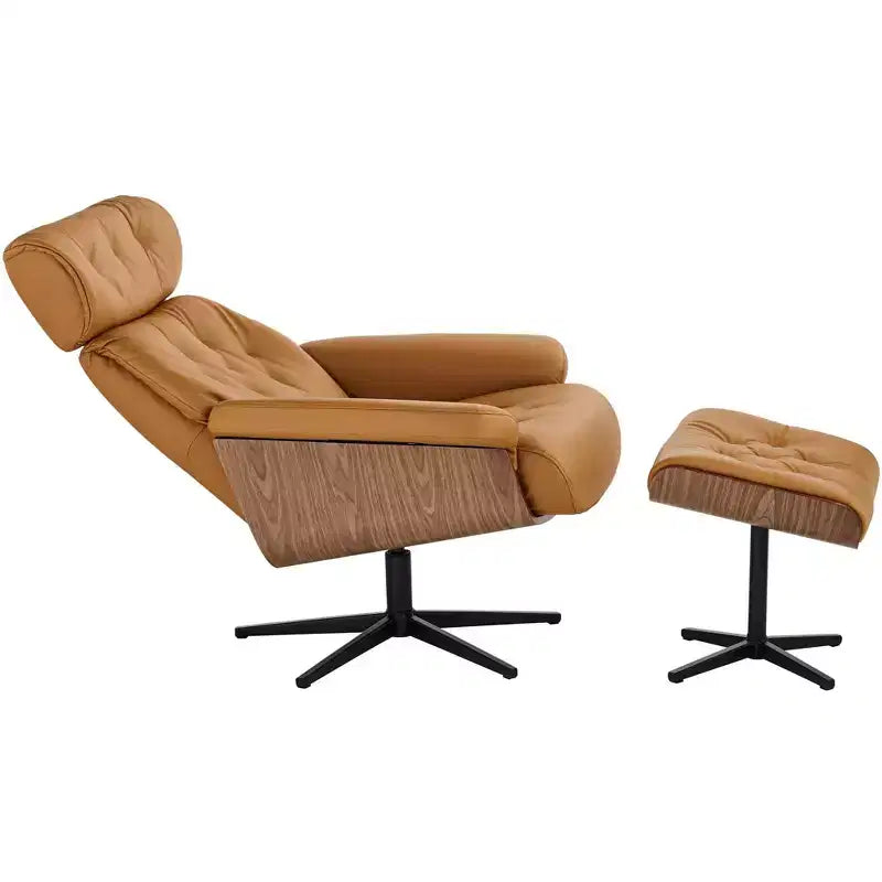 Poltrona reclinabile moderna in similpelle color cognac Malibu con pouf poggiapiedi, reclinazione manuale comoda per camera da letto