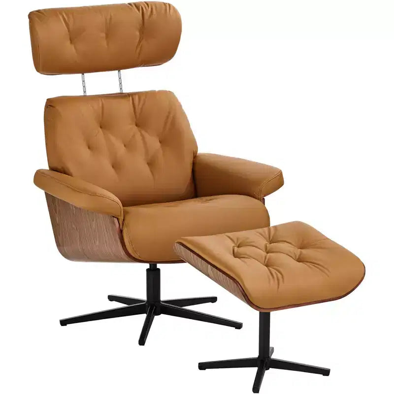 Poltrona reclinabile moderna in similpelle color cognac Malibu con pouf poggiapiedi, reclinazione manuale comoda per camera da letto