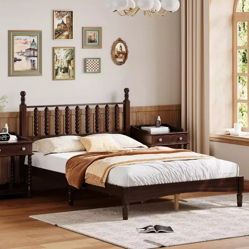 Letto a piattaforma in legno Full/King Size con testiera a zucca, telaio del letto in stile retrò, nessuna rete a molle richiesta, noce/naturale