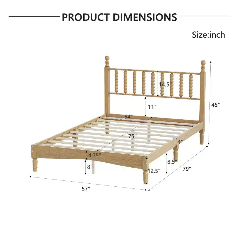 Letto a piattaforma in legno Full/King Size con testiera a zucca, telaio del letto in stile retrò, nessuna rete a molle richiesta, noce/naturale