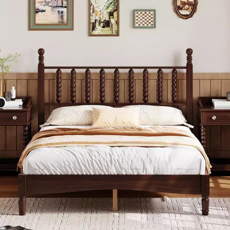 Letto a piattaforma in legno Full/King Size con testiera a zucca, telaio del letto in stile retrò, nessuna rete a molle richiesta, noce/naturale