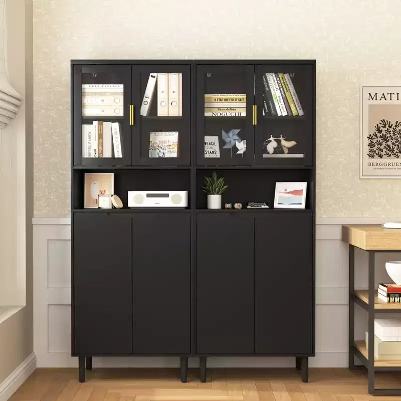 Libreria Alta con Ripiani Regolabili, Scaffale da Terra con 4 Ante in Vetro Temperato, Vetrina per Soggiorno, Ufficio, Nero