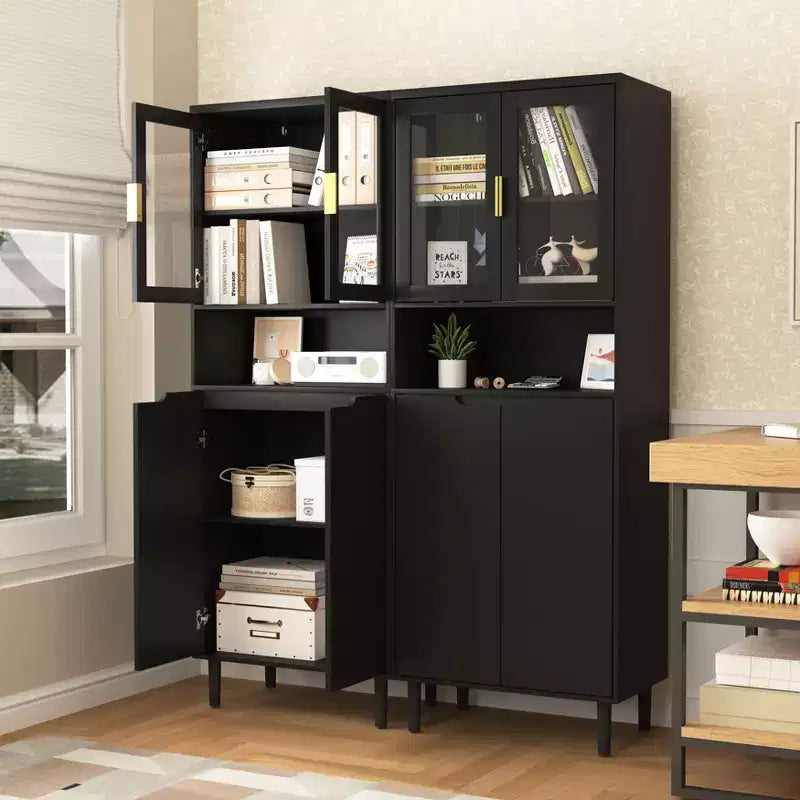 Libreria Alta con Ripiani Regolabili, Scaffale da Terra con 4 Ante in Vetro Temperato, Vetrina per Soggiorno, Ufficio, Nero