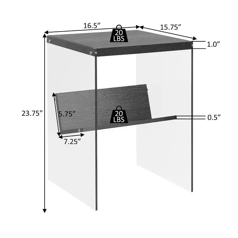 Tavolino Belmont minimalista in vetro con ripiano inferiore, pannelli laterali trasparenti, piano in truciolato e design moderno contemporaneo