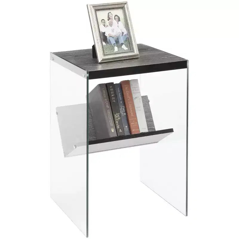 Tavolino Belmont minimalista in vetro con ripiano inferiore, pannelli laterali trasparenti, piano in truciolato e design moderno contemporaneo