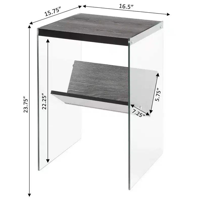 Tavolino Belmont minimalista in vetro con ripiano inferiore, pannelli laterali trasparenti, piano in truciolato e design moderno contemporaneo