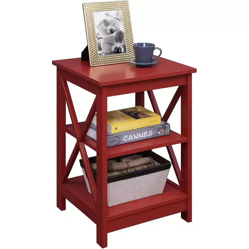 Tavolino Belmont con tre ripiani e lati a X, elegante tavolino d'accento in stile transizionale con vani a giorno per soggiorno o camera da letto