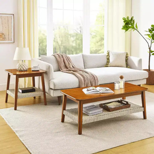 Tavolino da Salotto in Stile Mid-Century da 23 Pollici con Scaffale Contenitore Intrecciato, Tavolino Boho per Soggiorno, Camera da Letto, Patio o Ufficio