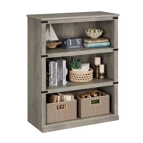 Gray 67.4 Tall Farmhouse Style 3 Tier Wooden Book Shelf/ Bookcase with 3 Large Open Storage for Living Room, Home, Office