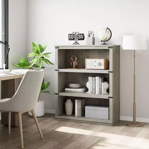 Étagère/bibliothèque en bois à 3 niveaux de style rustique, gris 67,4 pouces de hauteur avec 3 grands espaces de rangement ouverts pour salon, maison, bureau