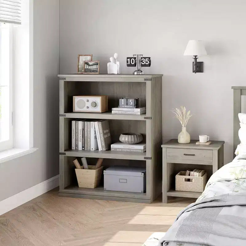 Libreria/Scaffale in legno a 3 ripiani in stile rustico di colore grigio alto 171 cm con 3 ampi ripiani aperti per soggiorno, casa, ufficio