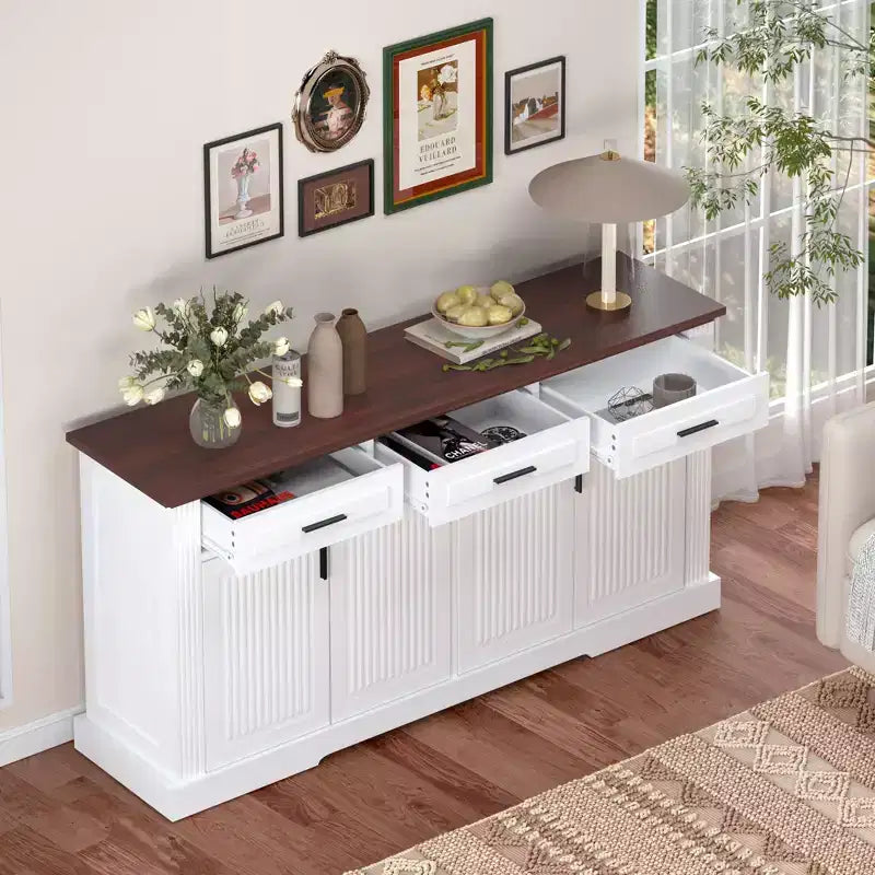 Mobile credenza scanalato da 63 pollici, mobile credenza con 4 ante e 2 cassetti, mobile contenitore per soggiorno, sala da pranzo, cucina