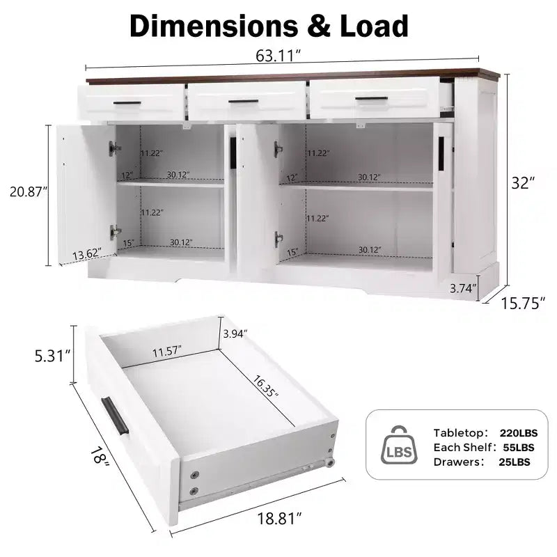 Mobile credenza scanalato da 63 pollici, mobile credenza con 4 ante e 2 cassetti, mobile contenitore per soggiorno, sala da pranzo, cucina