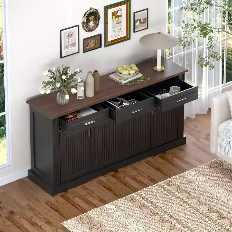 Mobile credenza scanalato da 63 pollici, mobile credenza con 4 ante e 2 cassetti, mobile contenitore per soggiorno, sala da pranzo, cucina