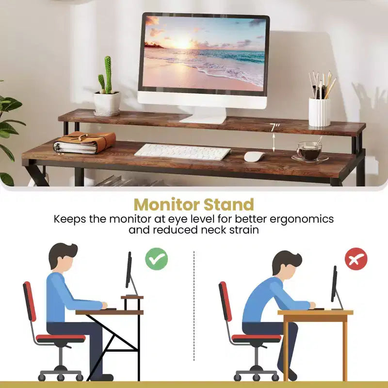 Scrivania da ufficio con supporto monitor, ripiano aperto e struttura in metallo, gancio per cuffie bianco/marrone/nero/rosa