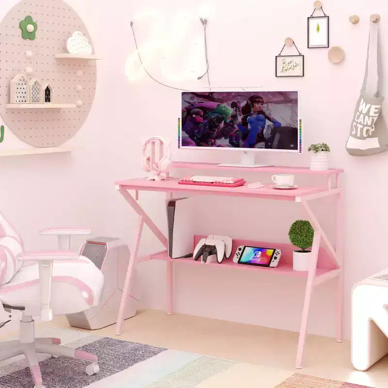 Scrivania da ufficio con supporto monitor, ripiano aperto e struttura in metallo, gancio per cuffie bianco/marrone/nero/rosa