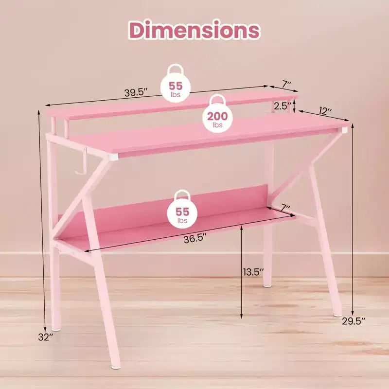 Scrivania da ufficio con supporto monitor, ripiano aperto e struttura in metallo, gancio per cuffie bianco/marrone/nero/rosa