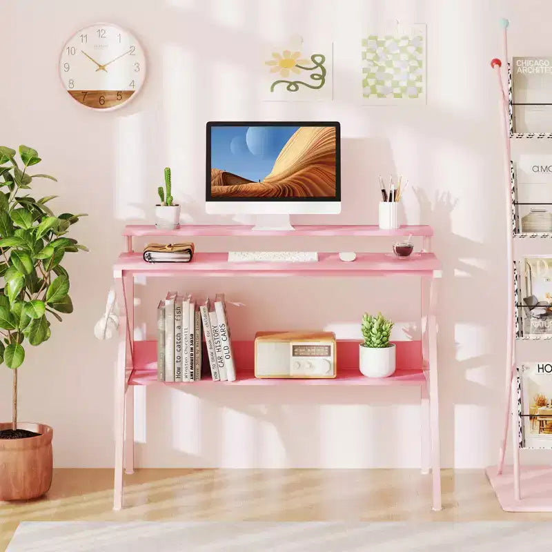 Scrivania da ufficio con supporto monitor, ripiano aperto e struttura in metallo, gancio per cuffie bianco/marrone/nero/rosa
