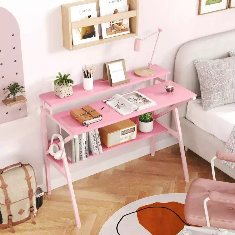 Scrivania da ufficio con supporto monitor, ripiano aperto e struttura in metallo, gancio per cuffie bianco/marrone/nero/rosa