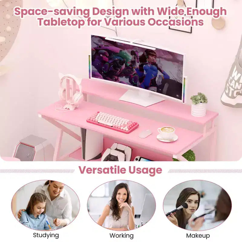 Scrivania da ufficio con supporto monitor, ripiano aperto e struttura in metallo, gancio per cuffie bianco/marrone/nero/rosa