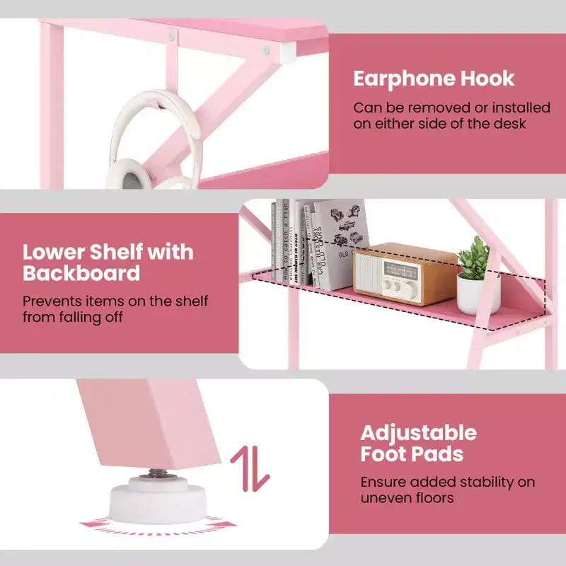Scrivania da ufficio con supporto monitor, ripiano aperto e struttura in metallo, gancio per cuffie bianco/marrone/nero/rosa